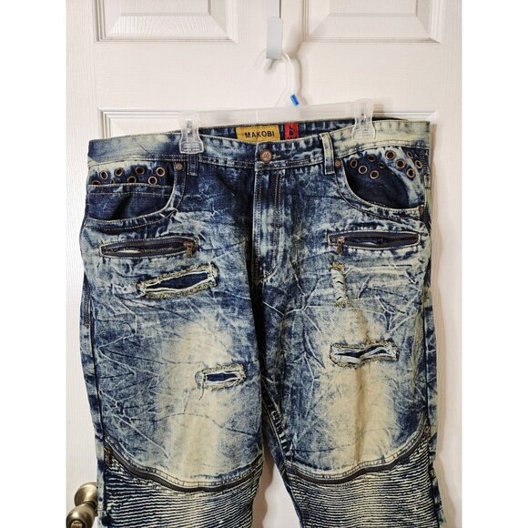 Makobi Jeans Moto Biker Blue Acid Wash Distressed Denim Mens 42x32 - Picture 2 of 12